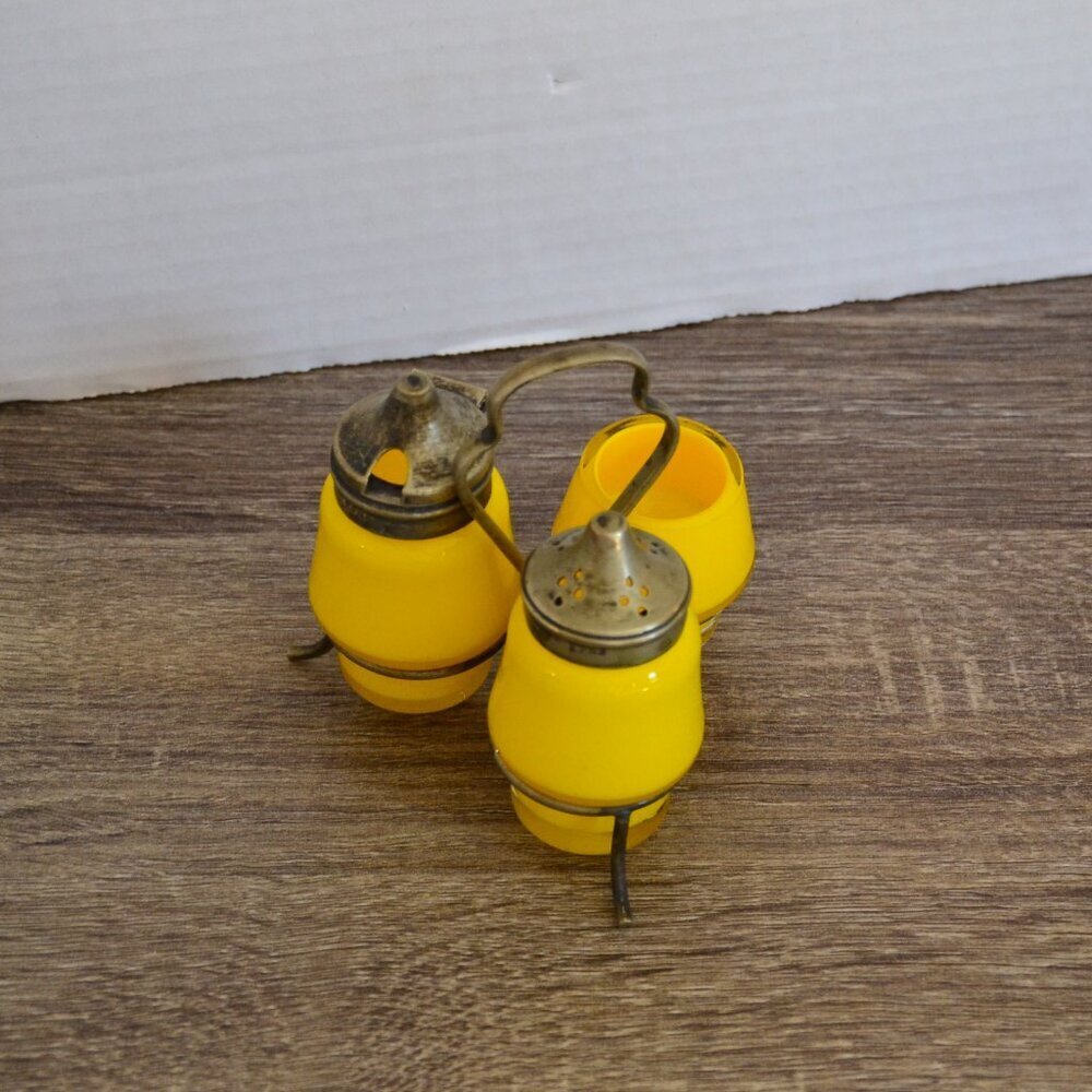 Vtg Yellow Glass Condiment Set in Metal Stand